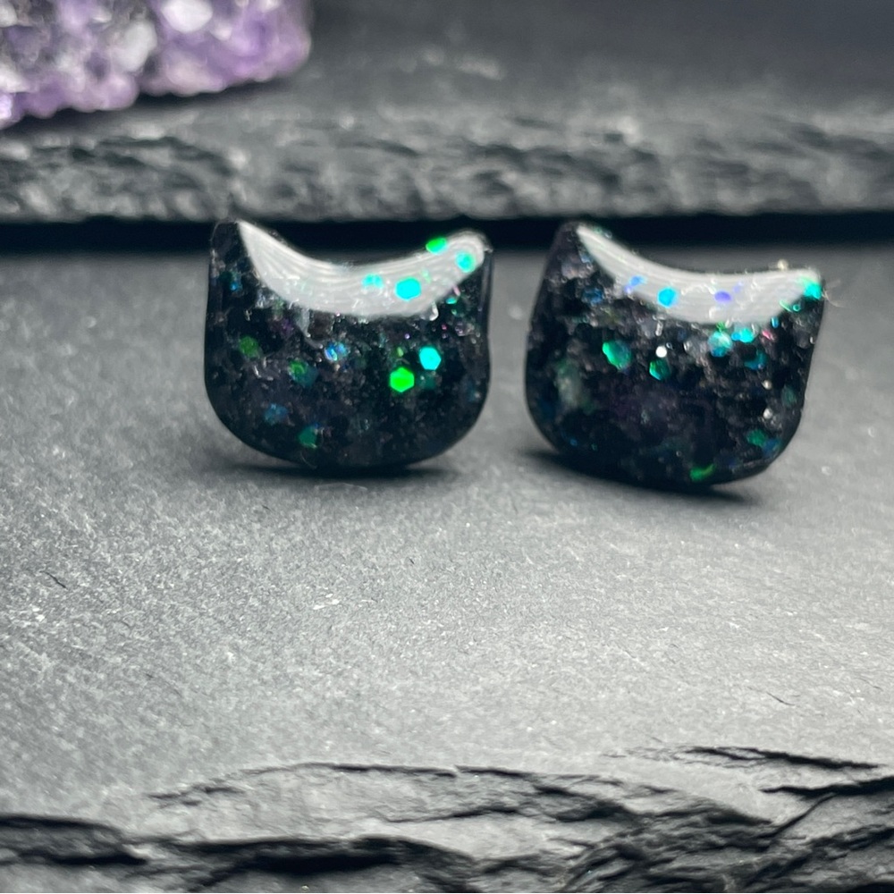 2/$18 Custom Made Black and Green Cat Stud Earrings - Picture 12 of 13